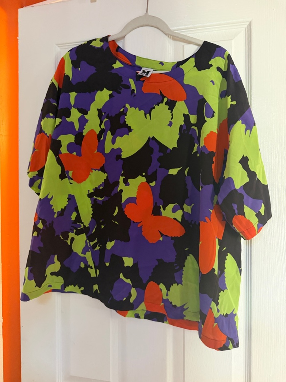M by Missoni Black Lime Green Purple Orange Butterfly Print Blouse